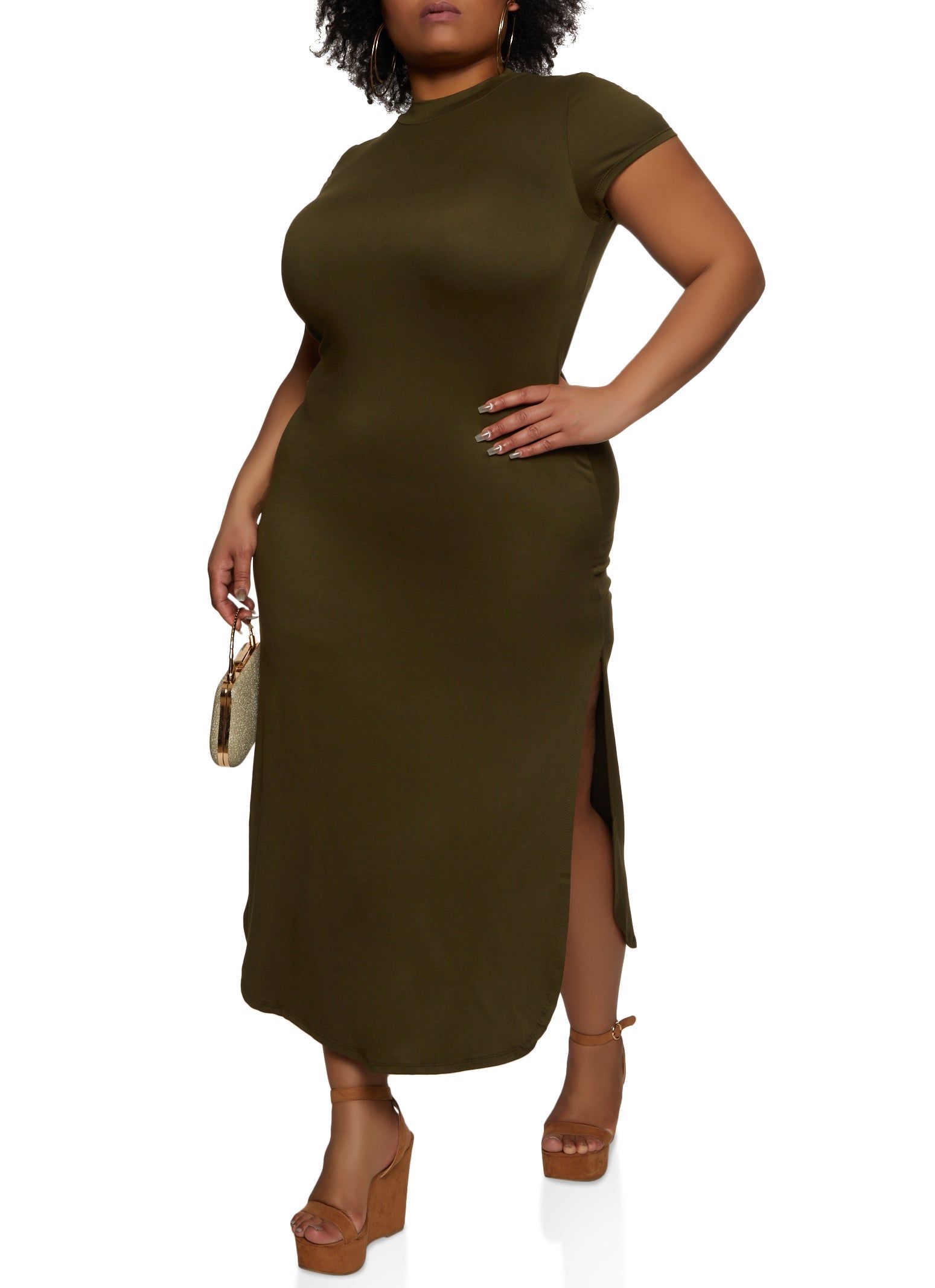 Plus Size Side Slit Mock Neck Maxi Dress sold by Rainbow