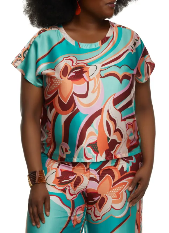 Plus Size Satin Floral Printed Short Sleeve Blouse sold by Rainbow