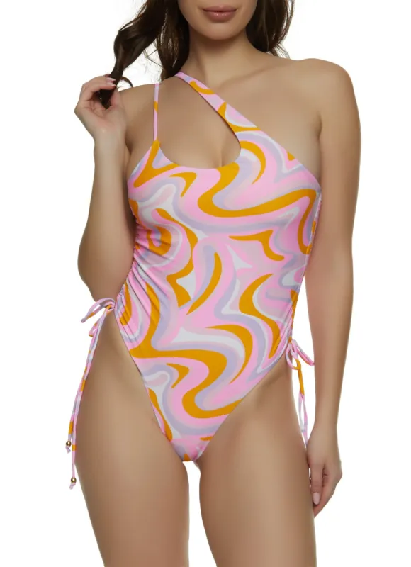 Swirl Print One Shoulder One Piece Swimsuit sold by Rainbow