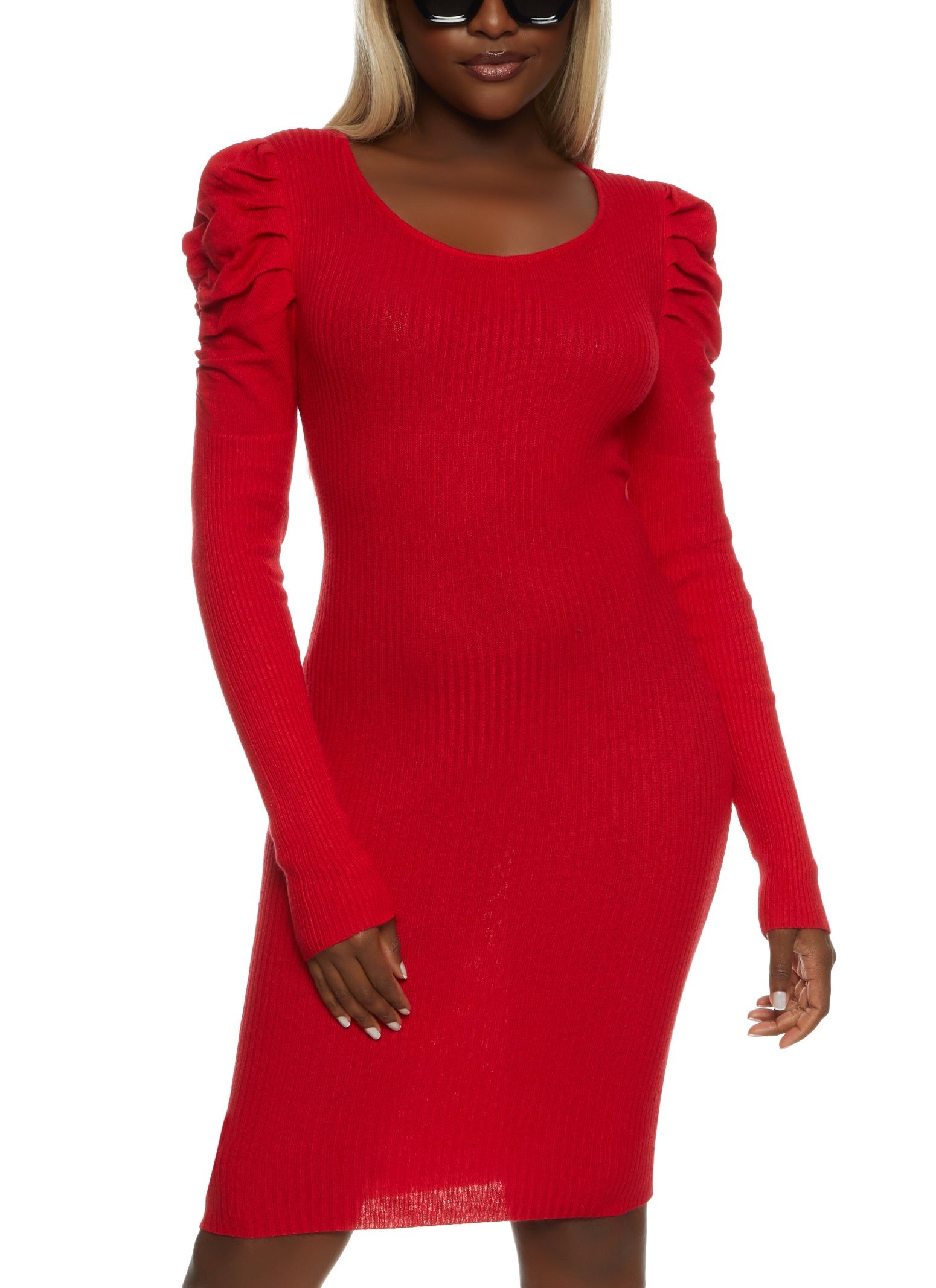 Ribbed Puff Sleeve Sweater Dress sold by Rainbow