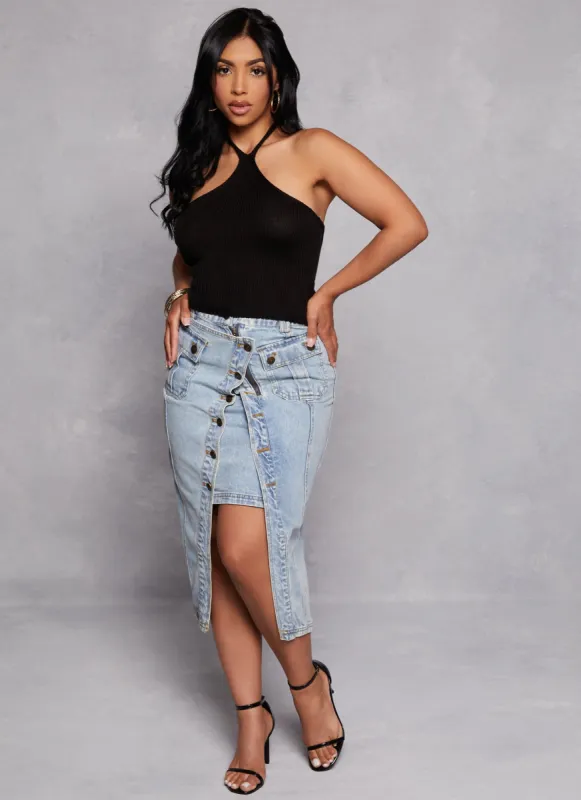 Button Front Asymmetrical High Low Denim Skirt sold by Rainbow