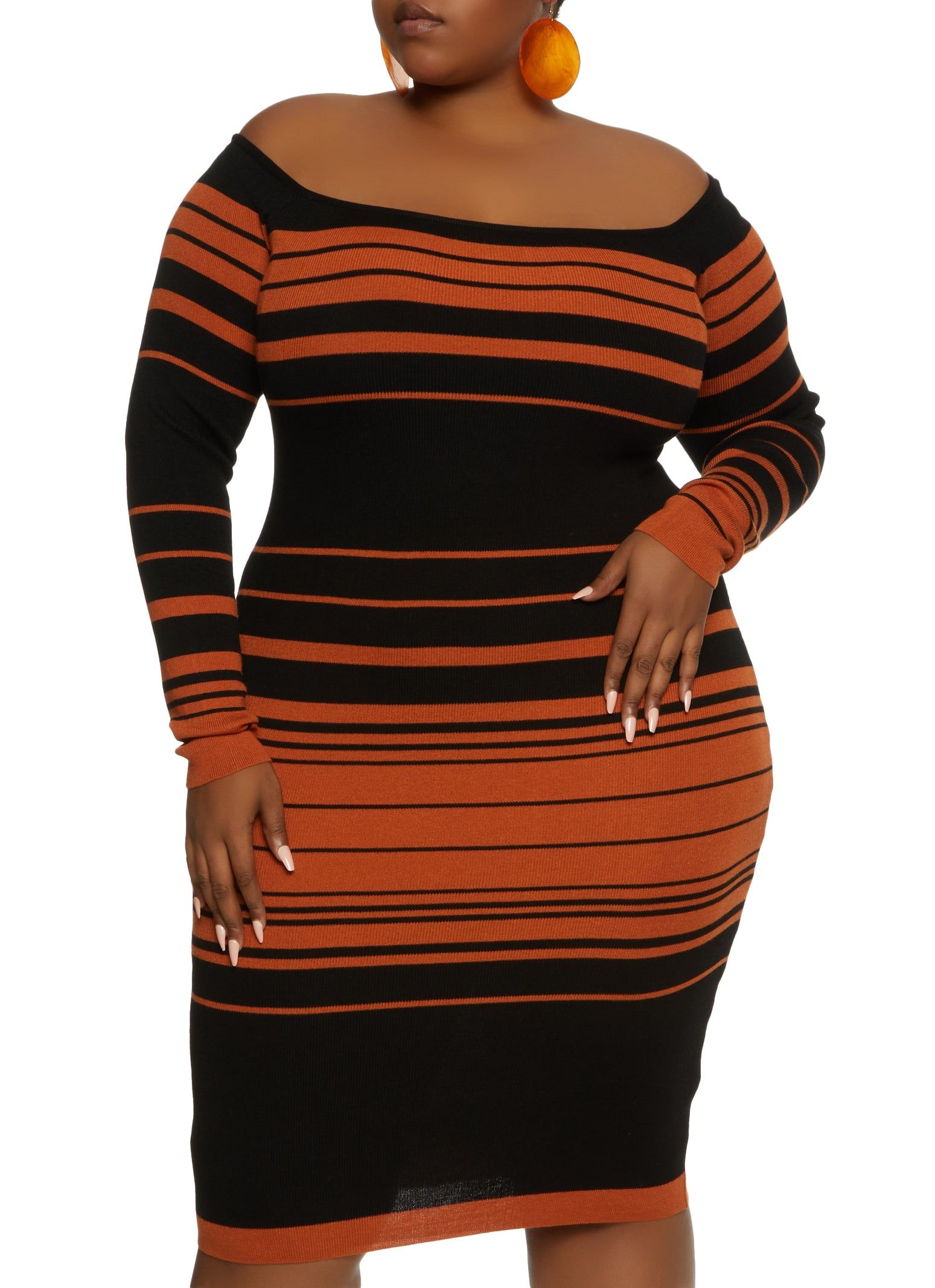 Plus Size Striped Off the Shoulder Midi Dress sold by Rainbow