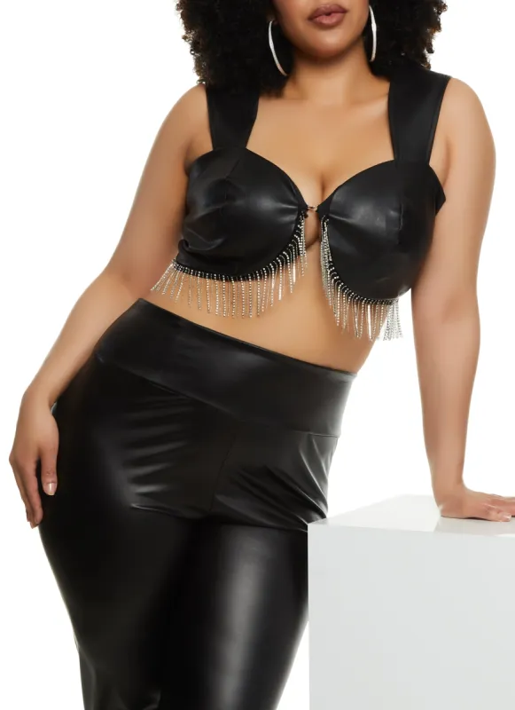 Plus Size Faux Leather Rhinestone Fringe Crop Top sold by Rainbow