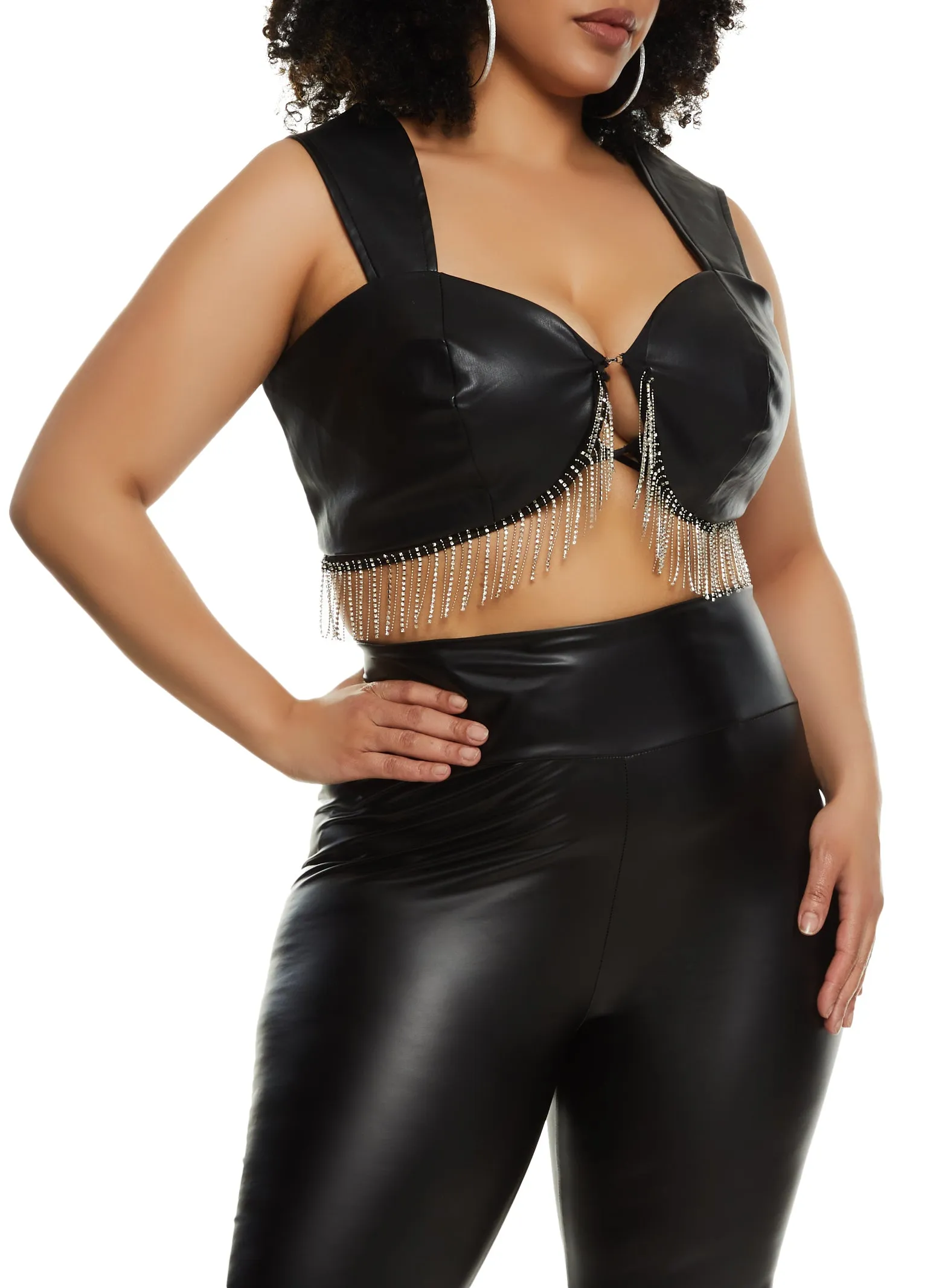 Plus Size Faux Leather Rhinestone Fringe Crop Top sold by Rainbow product image thumbnail 2