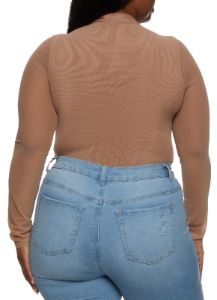 Plus Size Mesh High Neck Long Sleeve Bodysuit sold by Rainbow
