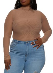 Plus Size Mesh High Neck Long Sleeve Bodysuit sold by Rainbow