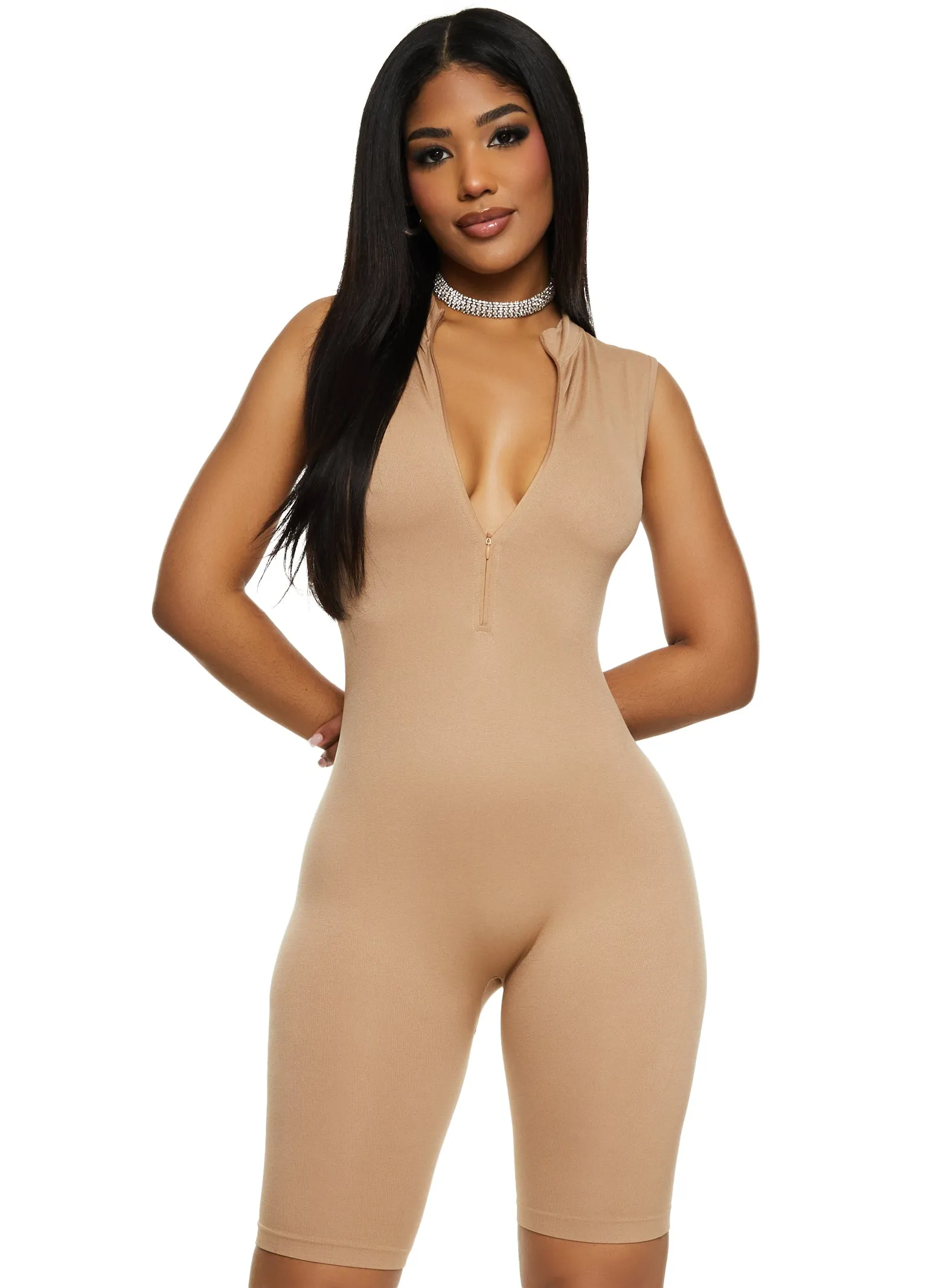 Seamless Ribbed Zip Front Romper sold by Rainbow