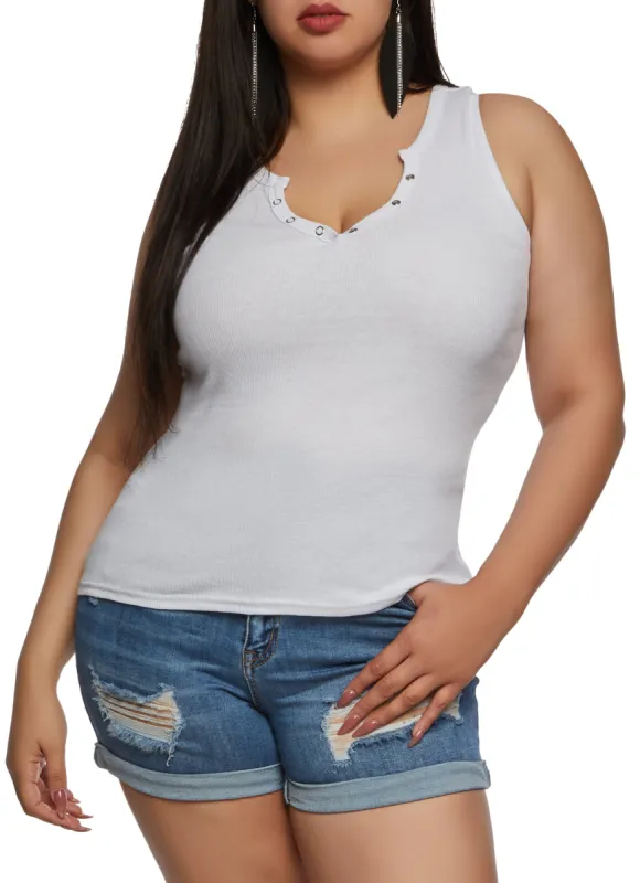 Plus Size Snap Button Notch Neck Tank Top sold by Rainbow