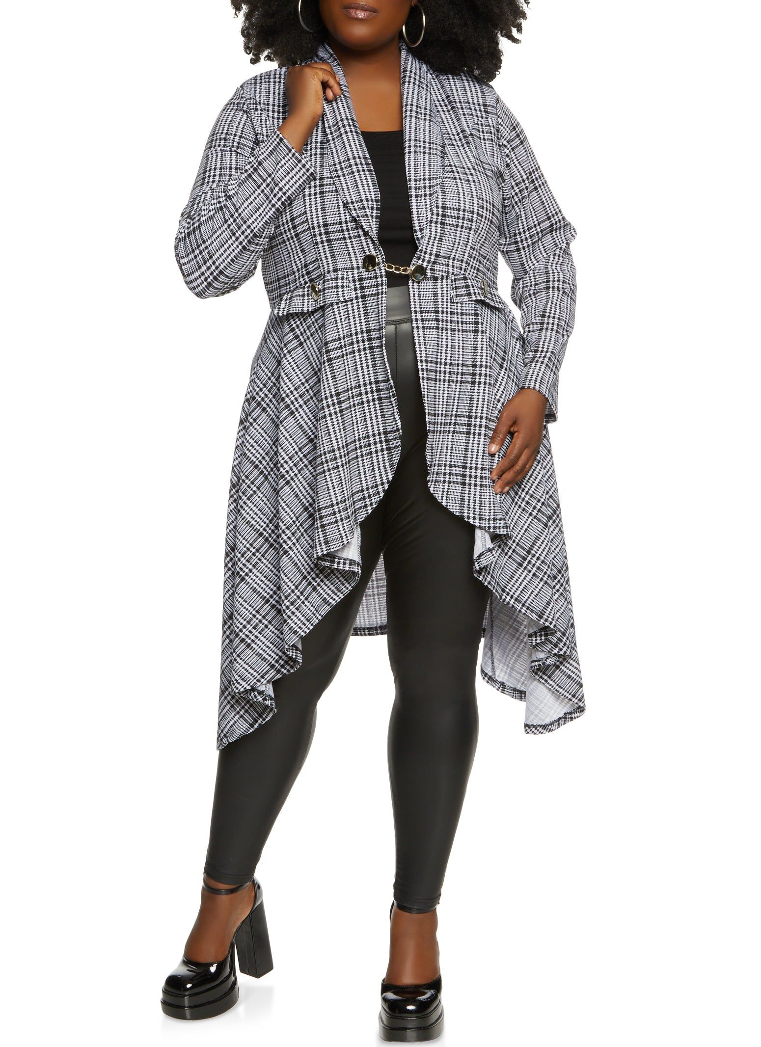 Plus Size Plaid Chain Button High Low Blazer sold by Rainbow