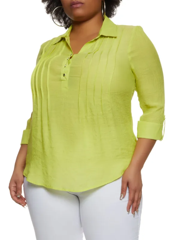 Plus Size Pleated Detail Long Sleeve Shirt sold by Rainbow