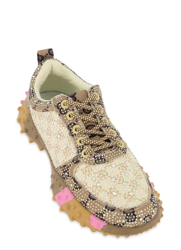 Rhinestone Color Block Printed Lace Up Sneakers sold by Rainbow