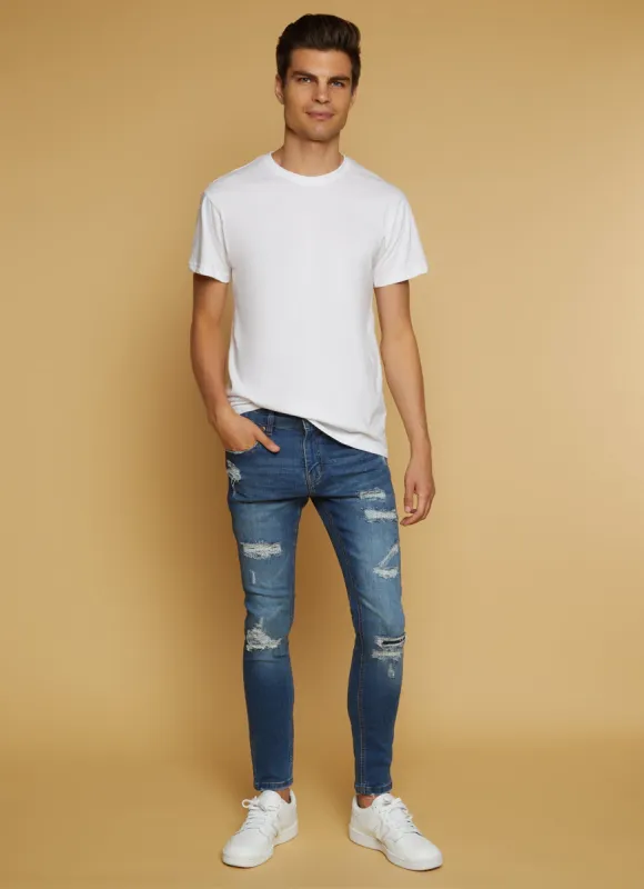 Mens Acid Wash Patch and Repair Skinny Jeans made by Rainbow