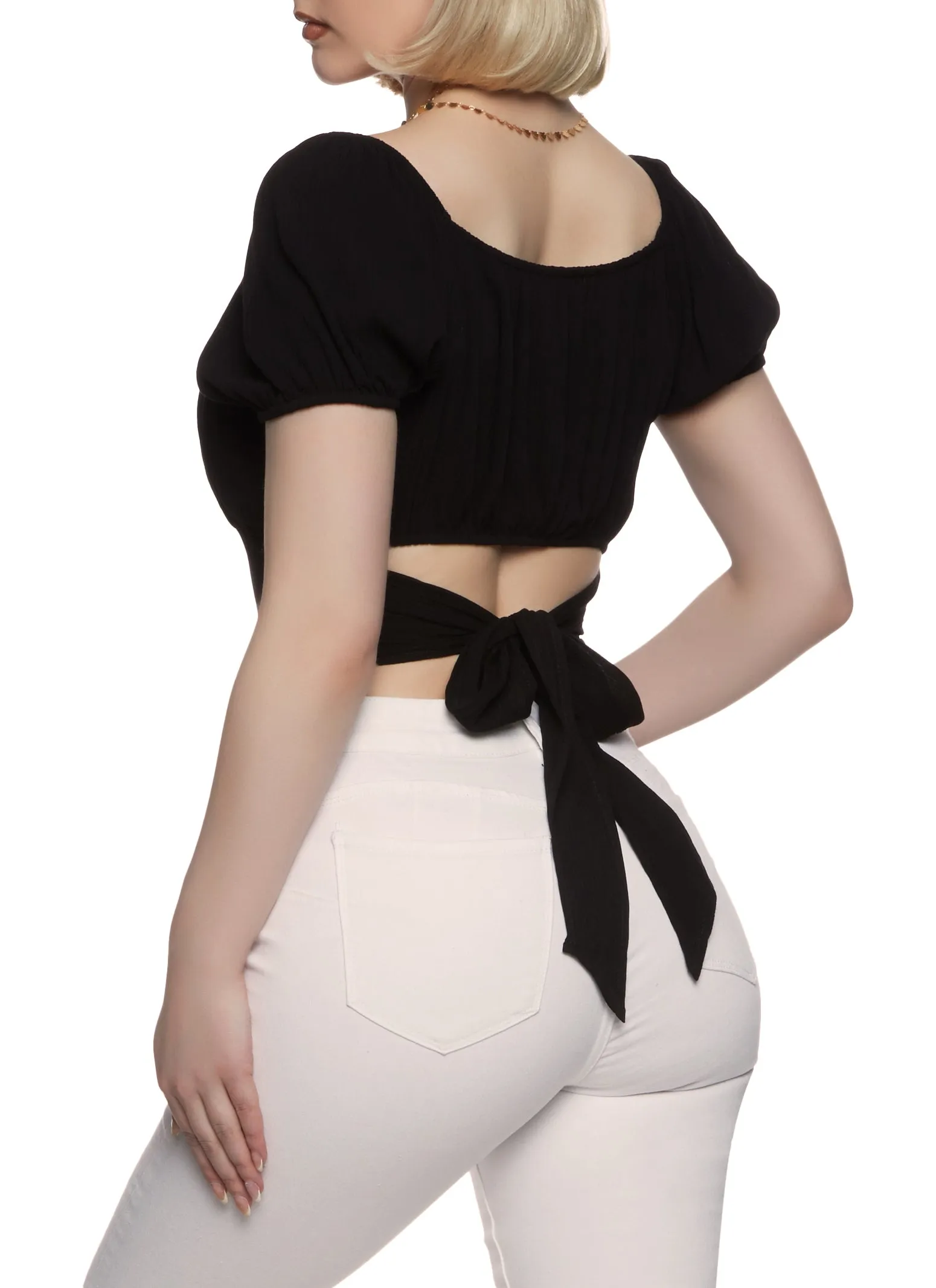 Puff Sleeve Tie Back Cropped Peasant Top sold by Rainbow product image thumbnail 2