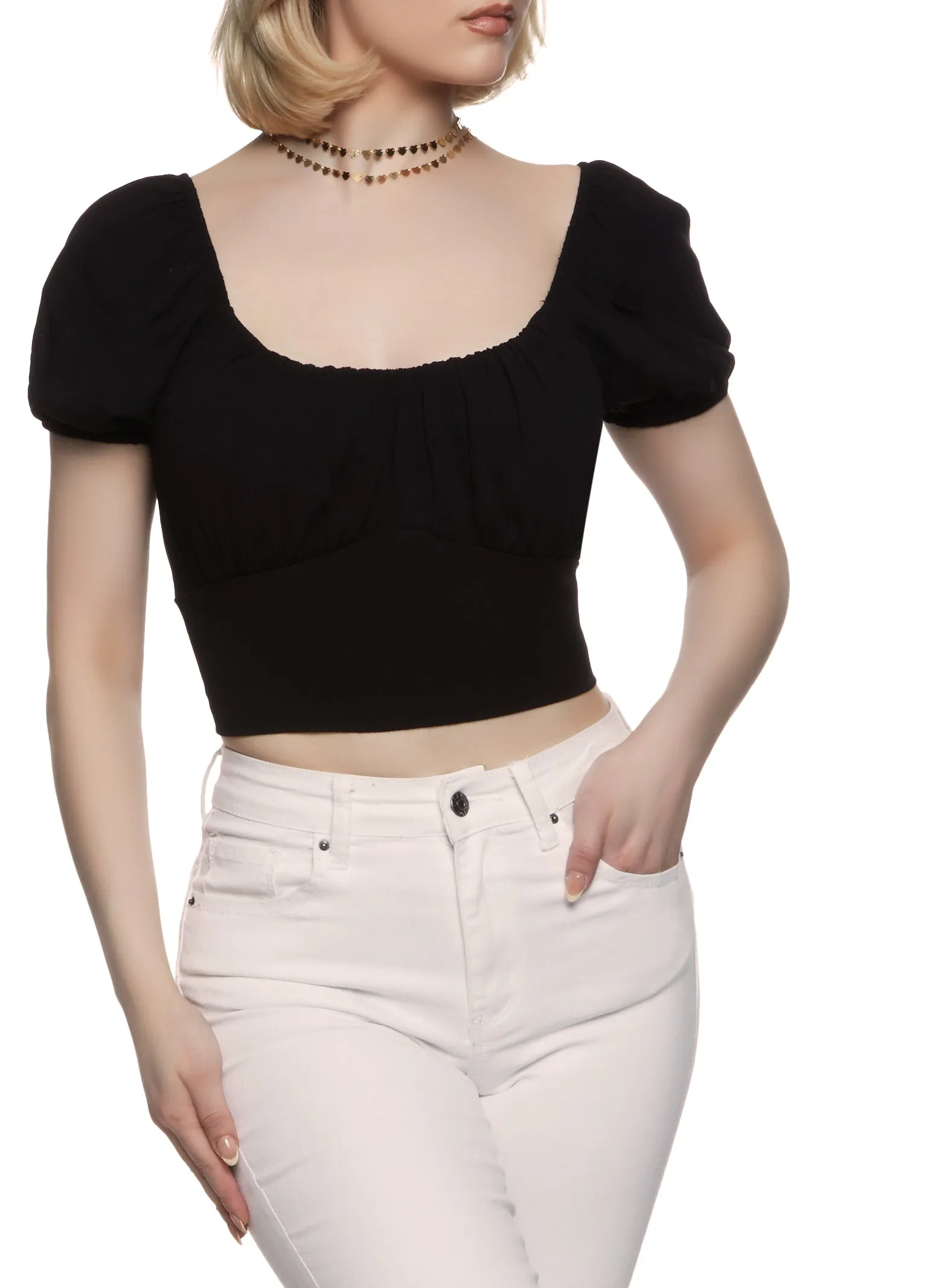 Puff Sleeve Tie Back Cropped Peasant Top sold by Rainbow