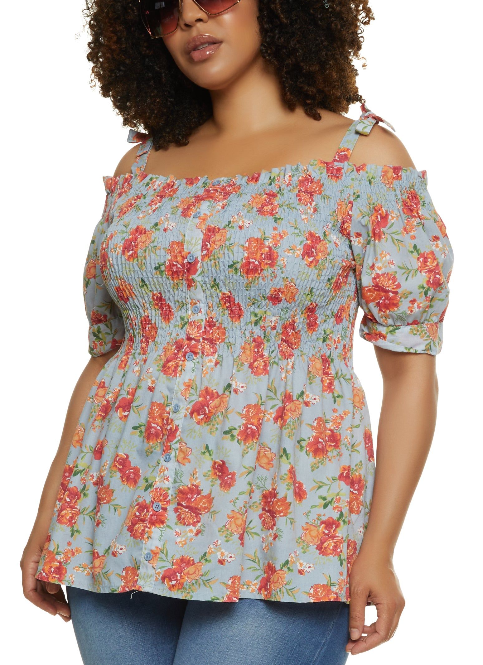 Plus Size Floral Smocked Cold Shoulder Top sold by Rainbow