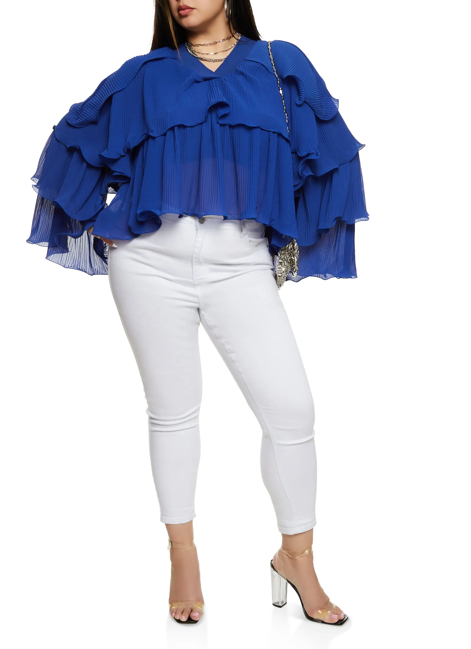 Plus Size Plisse Ruffled Tiered Bell Sleeve Blouse sold by Rainbow