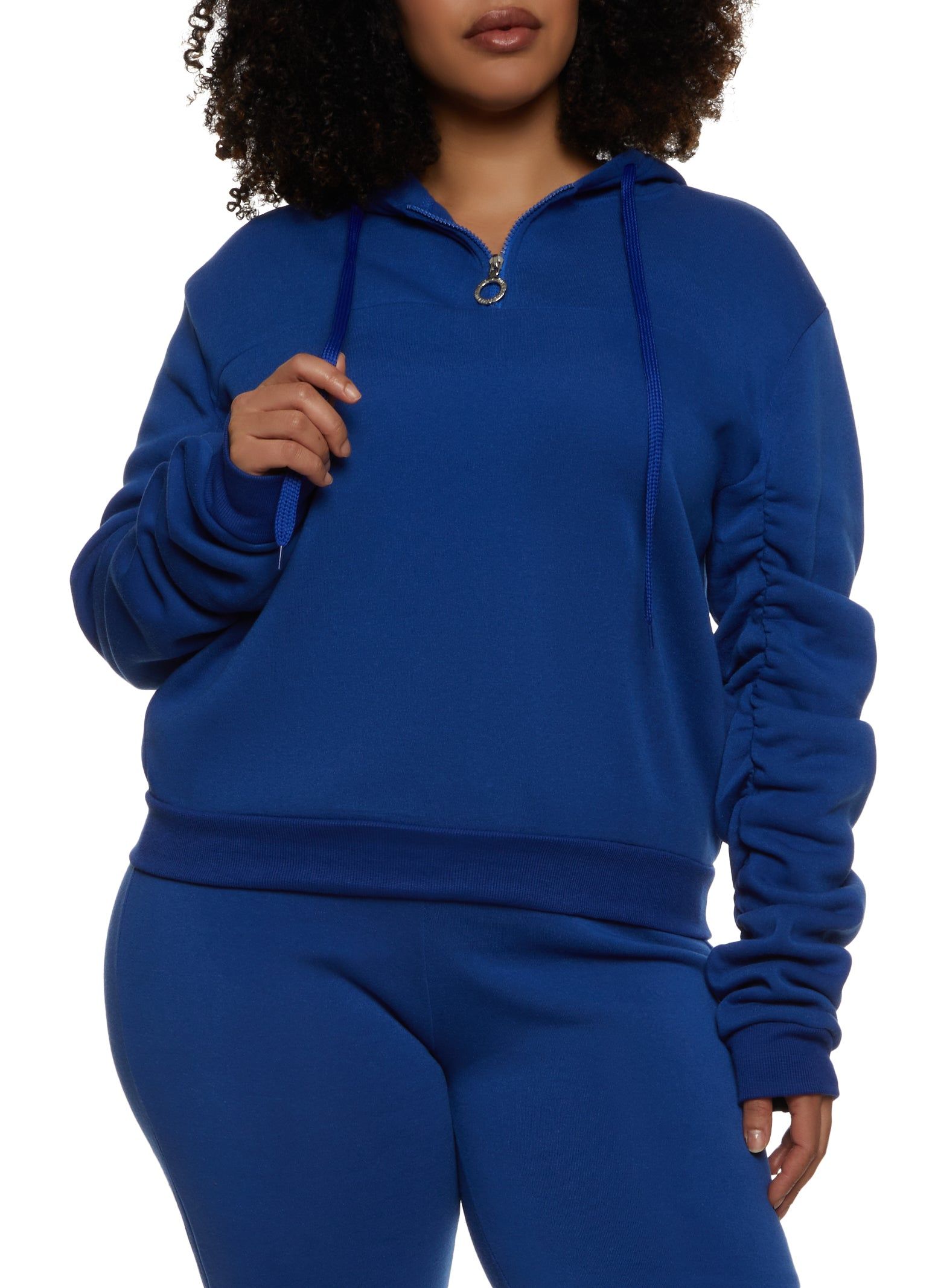 Plus Size Zip Neck Ruched Sleeve Hoodie sold by Rainbow