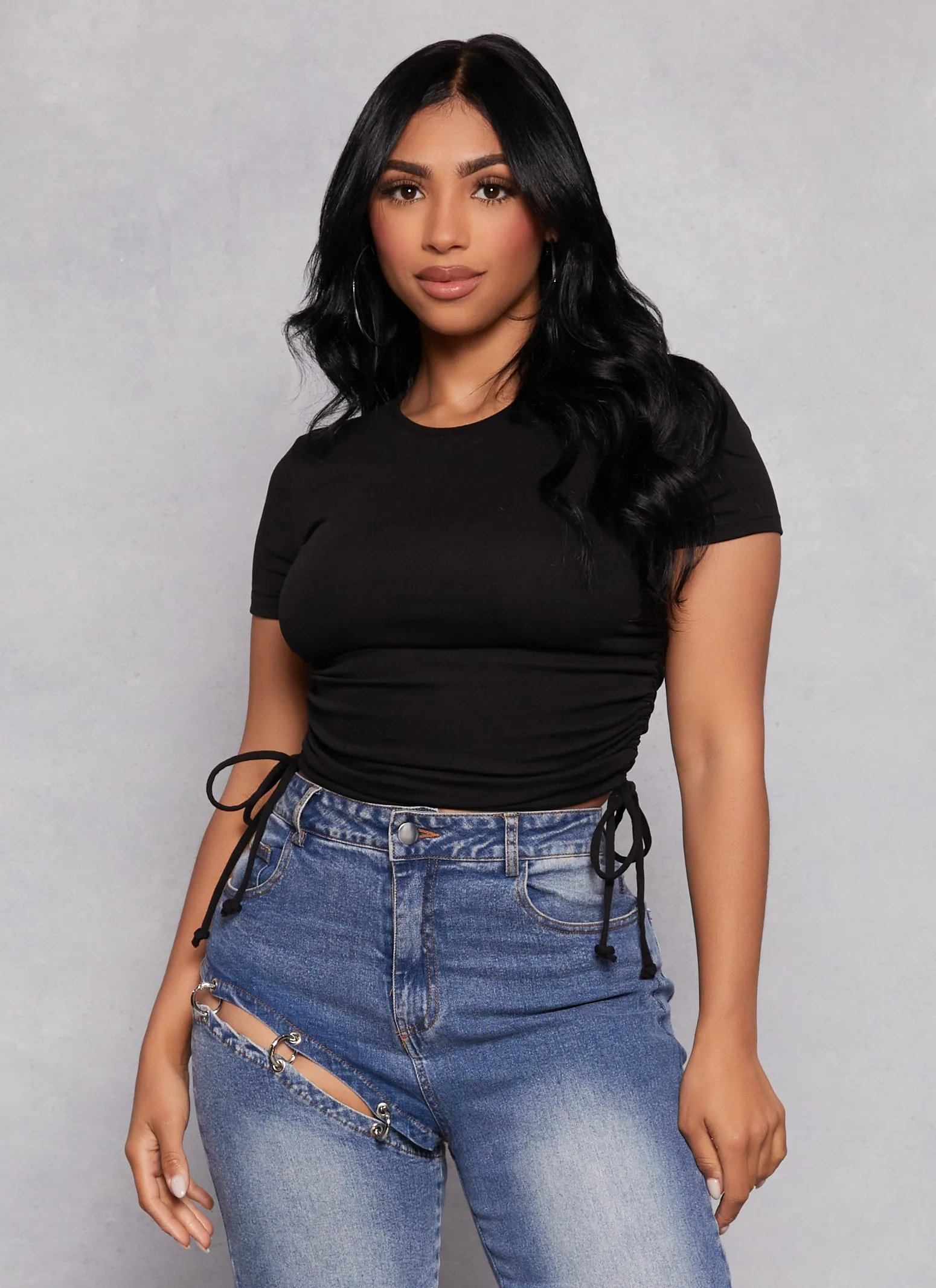 Solid Crew Neck Ruched Side Crop Top sold by Rainbow