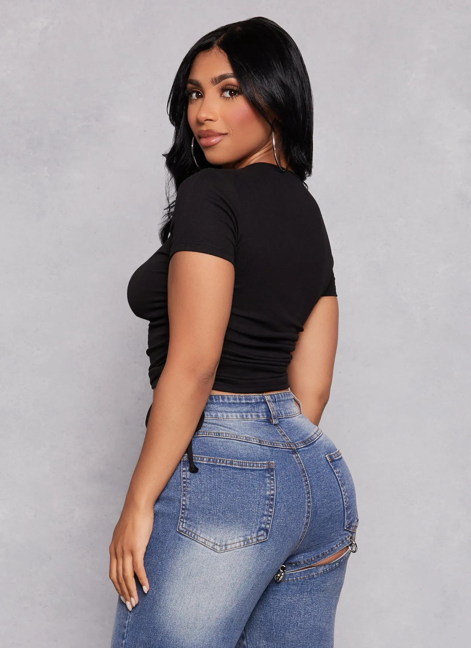 Solid Crew Neck Ruched Side Crop Top sold by Rainbow product image thumbnail 3