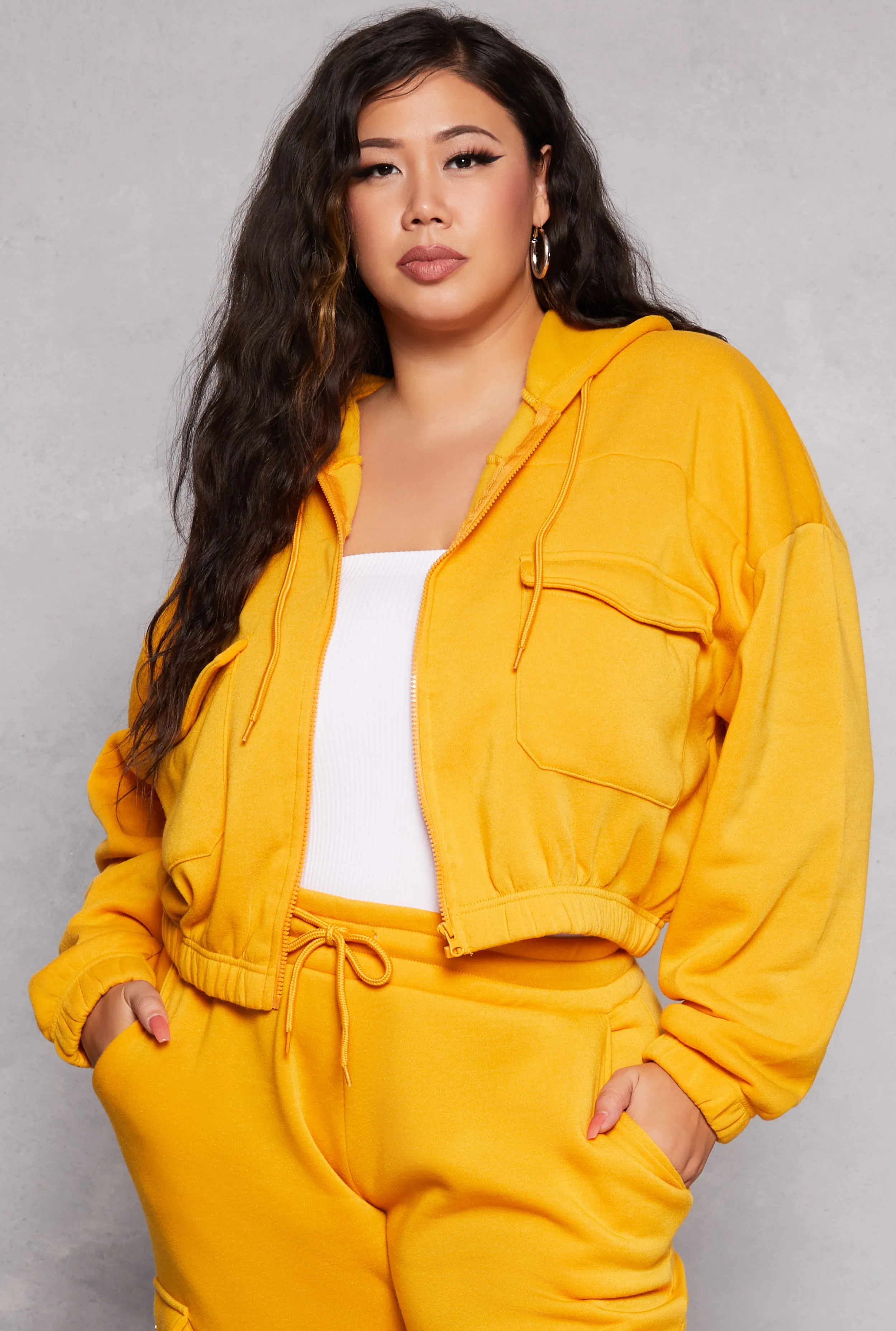 Plus Size Fleece Cargo Pocket Zip Front Hoodie sold by Rainbow