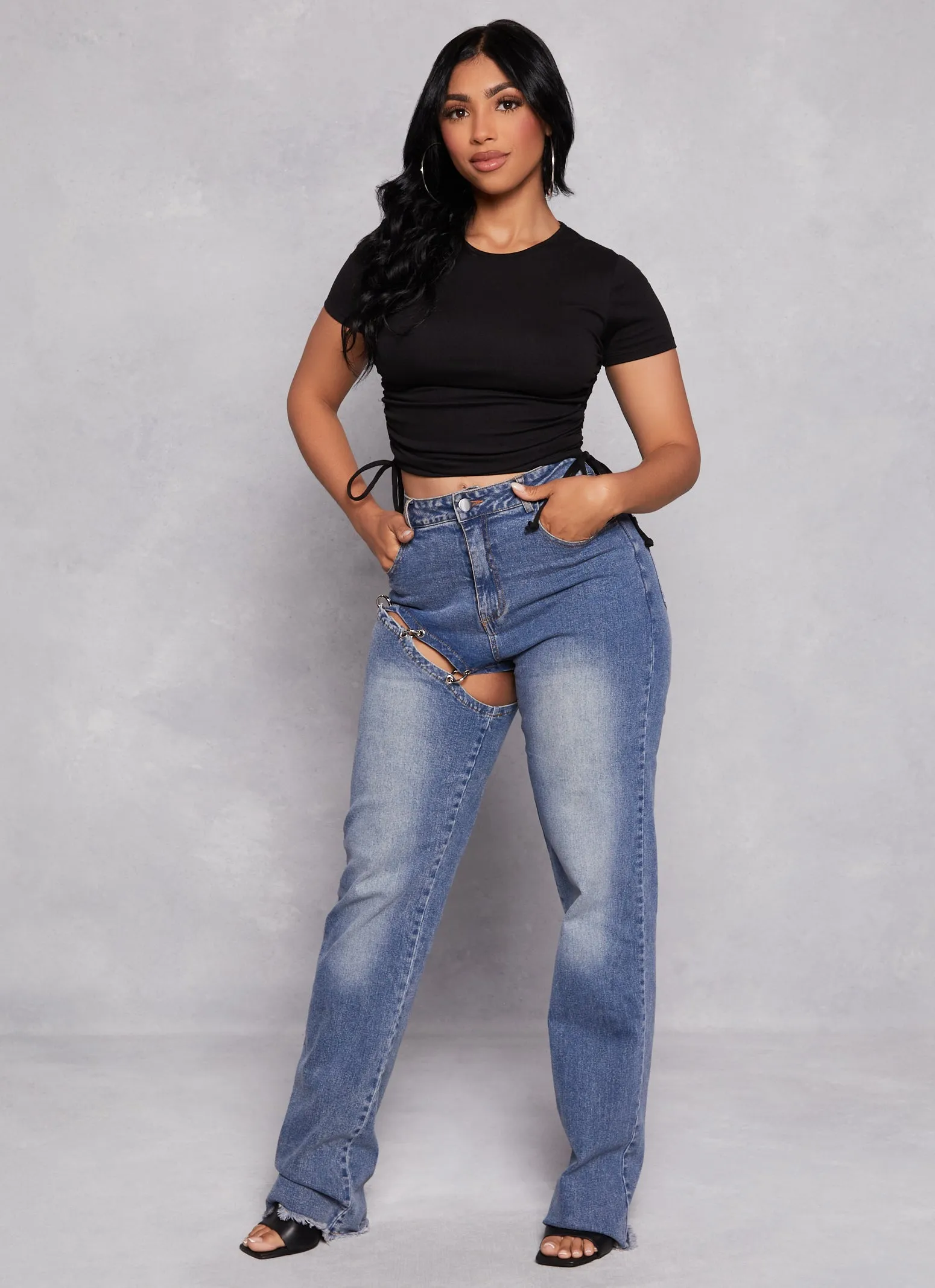 Solid Crew Neck Ruched Side Crop Top sold by Rainbow product image thumbnail 2