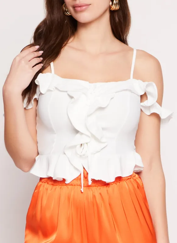 Iris Ruffle Trim Lace Up Cold Shoulder Blouse sold by Rainbow