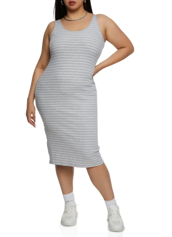 Plus Size Rib Knit Striped Midi Tank Dress sold by Rainbow