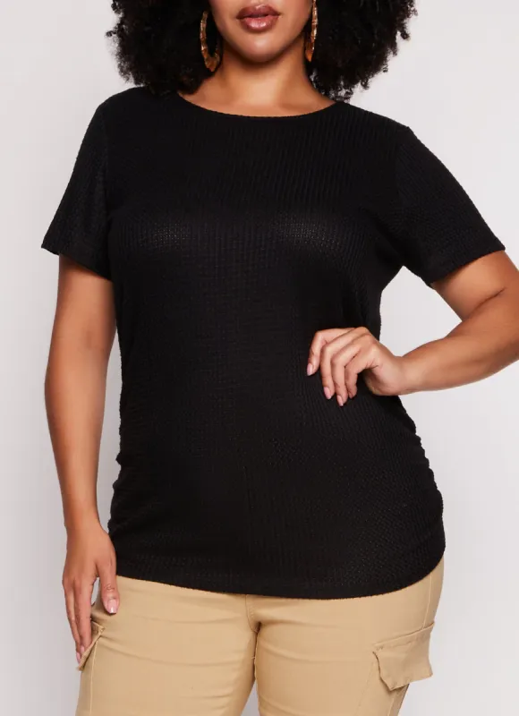Plus Size Waffle Knit Crew Neck Ruched Tee sold by Rainbow