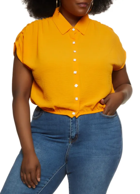 Plus Size Crepe Knit Ruched Sleeve Button Front Shirt sold by Rainbow