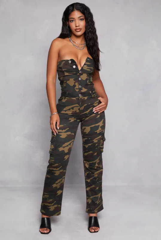 VIP Camo Button Front Strapless Cargo Jumpsuit sold by Rainbow
