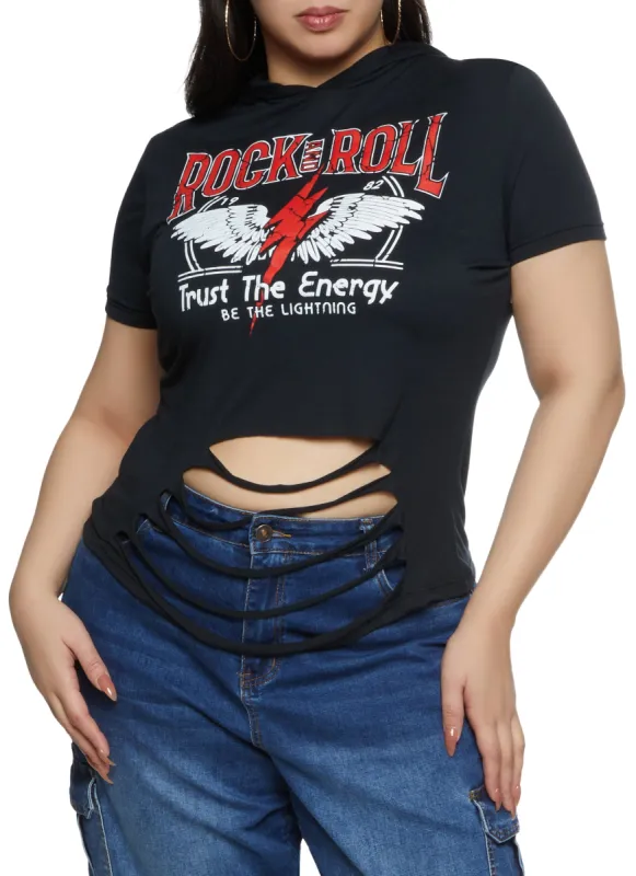 Plus Size Rock and Roll Laser Cut Hooded Graphic Tee sold by Rainbow