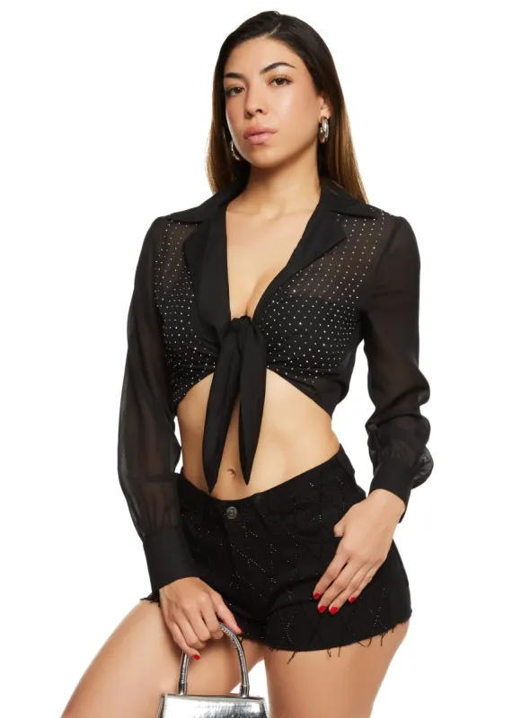 Chiffon Rhinestone Studded Tie Front Shirt sold by Rainbow