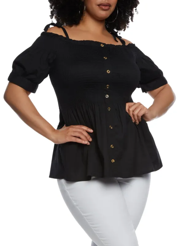 Plus Size Tie Strap Smocked Cold Shoulder Top sold by Rainbow