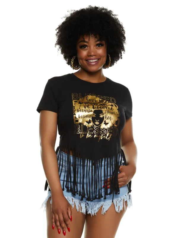 Plus Size Fringe Blessed To Be Myself Foil Graphic Tee sold by Rainbow