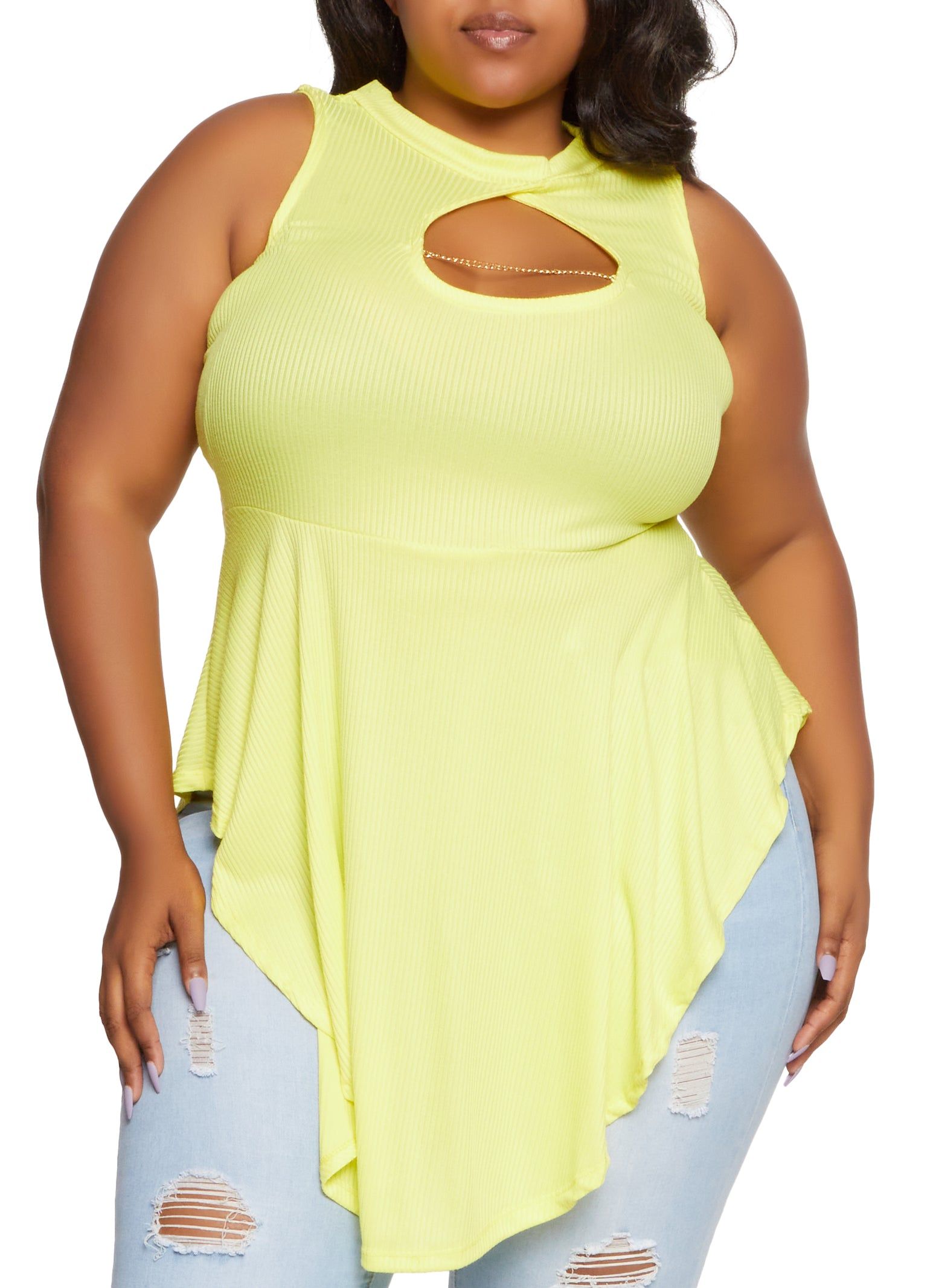 Plus Size Keyhole Chain Hanky Hem Top sold by Rainbow
