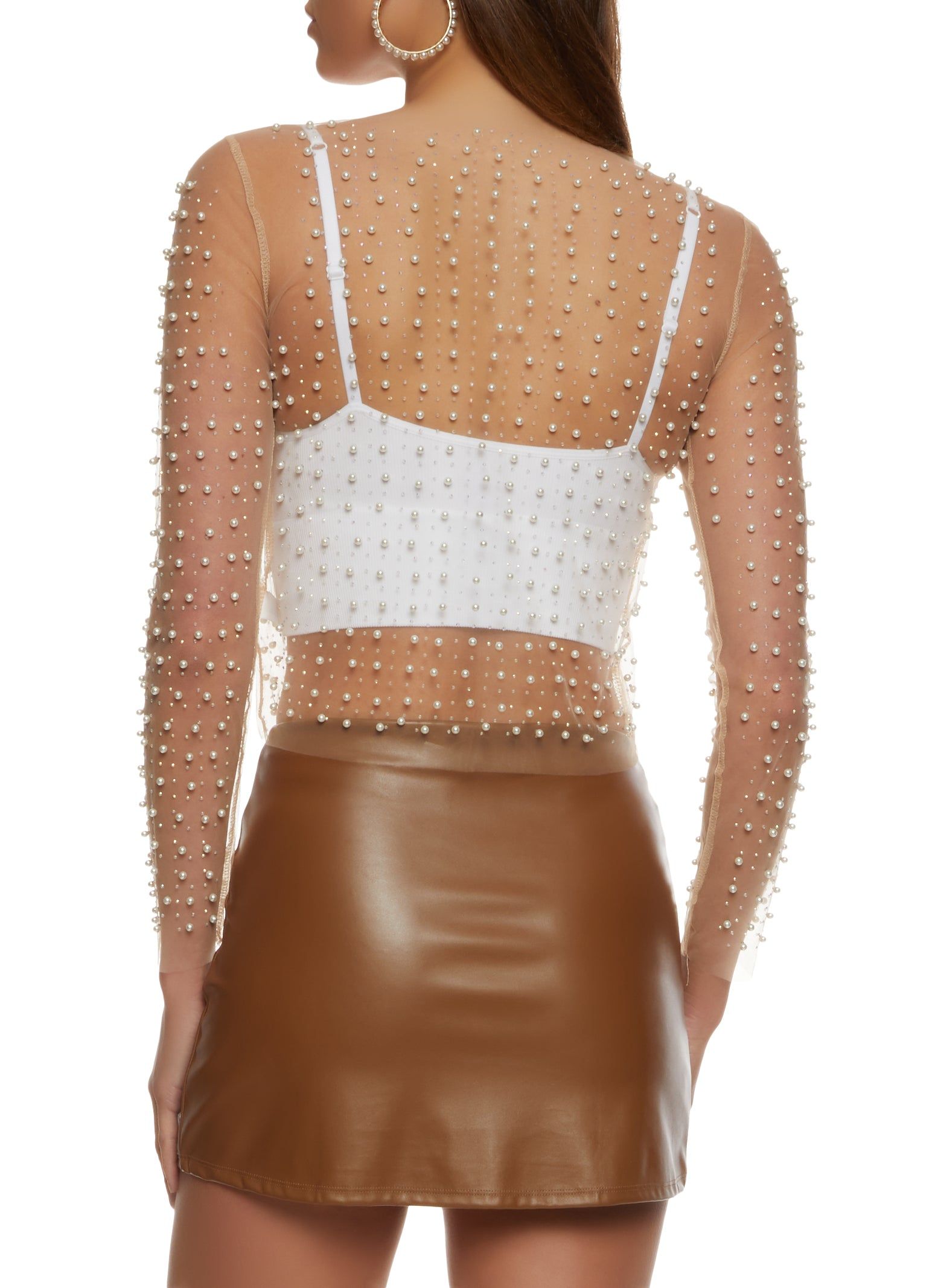 Mesh Faux Pearl Rhinestone Long Sleeve Top sold by Rainbow product image thumbnail 2