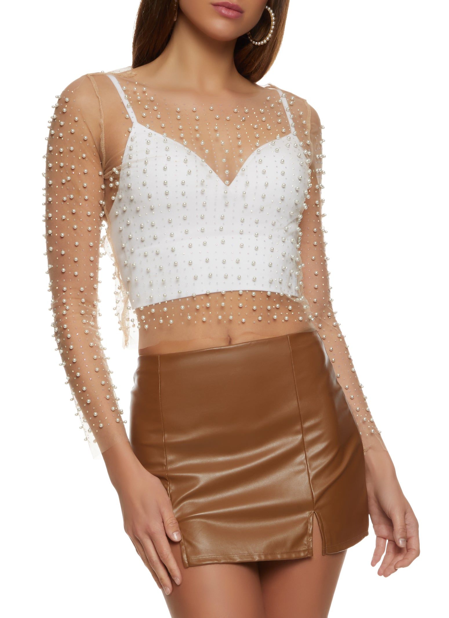 Mesh Faux Pearl Rhinestone Long Sleeve Top sold by Rainbow