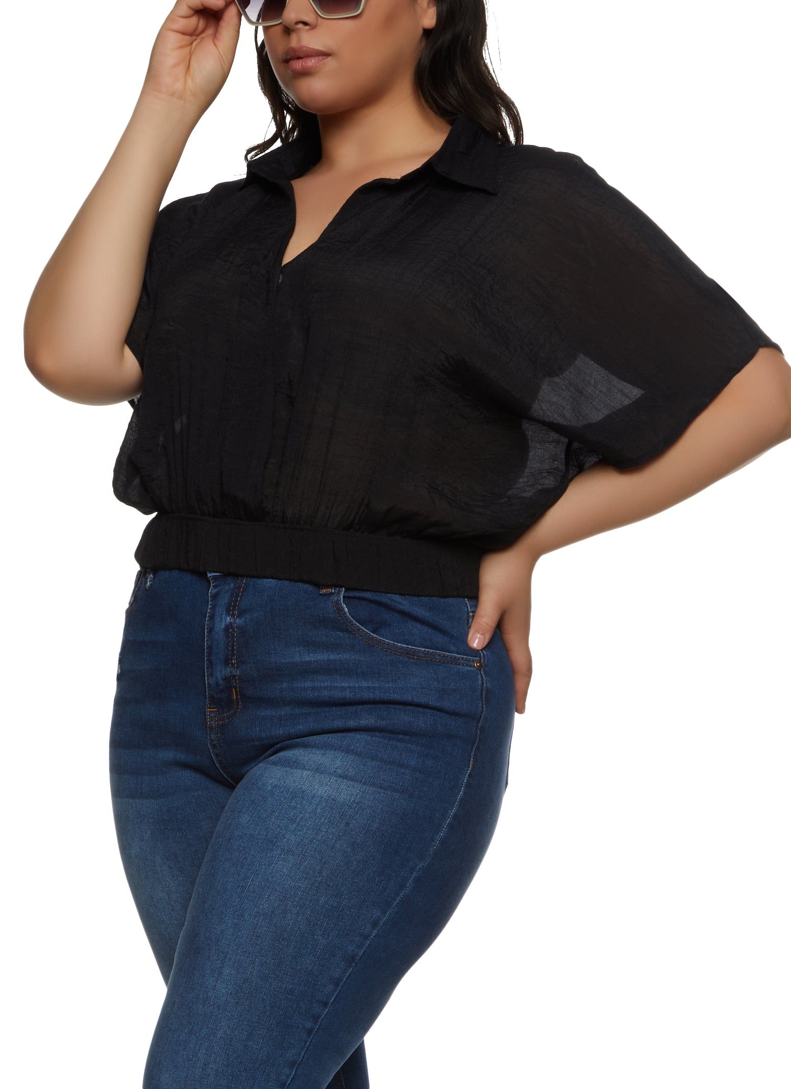 Plus Size Gauze Knit Elastic Waist Cropped Shirt sold by Rainbow