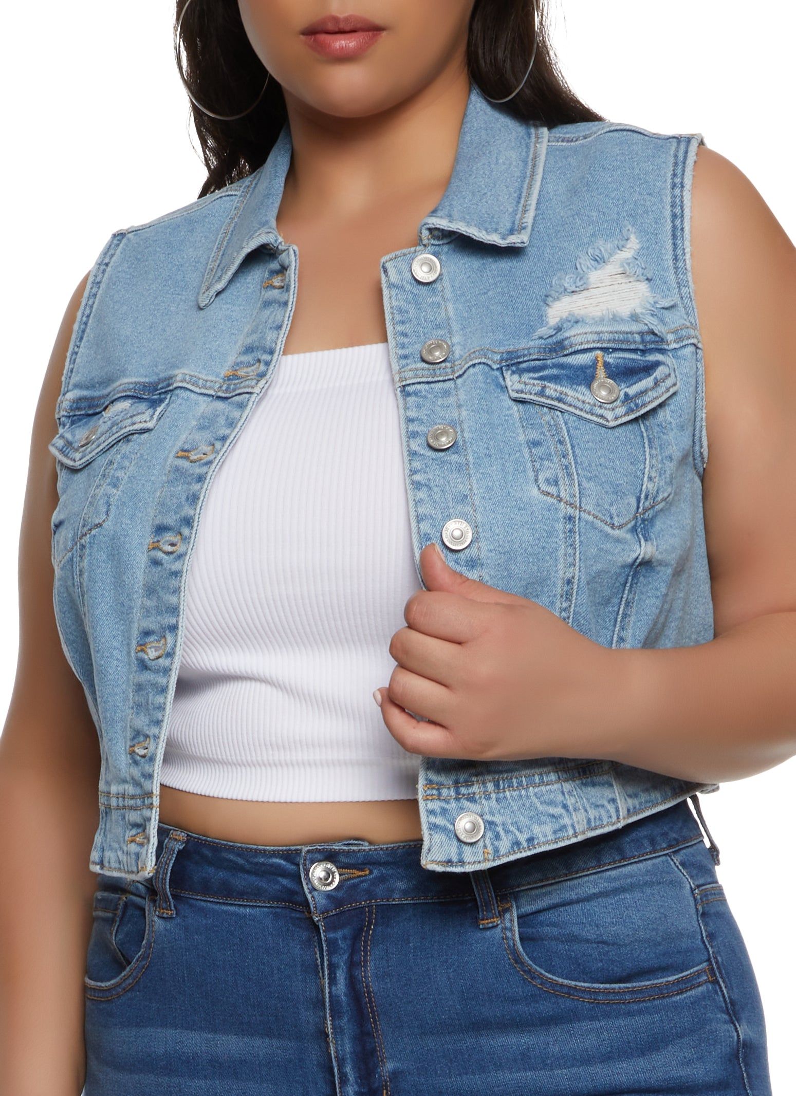 Plus Size WAX Distressed Denim Vest sold by Rainbow