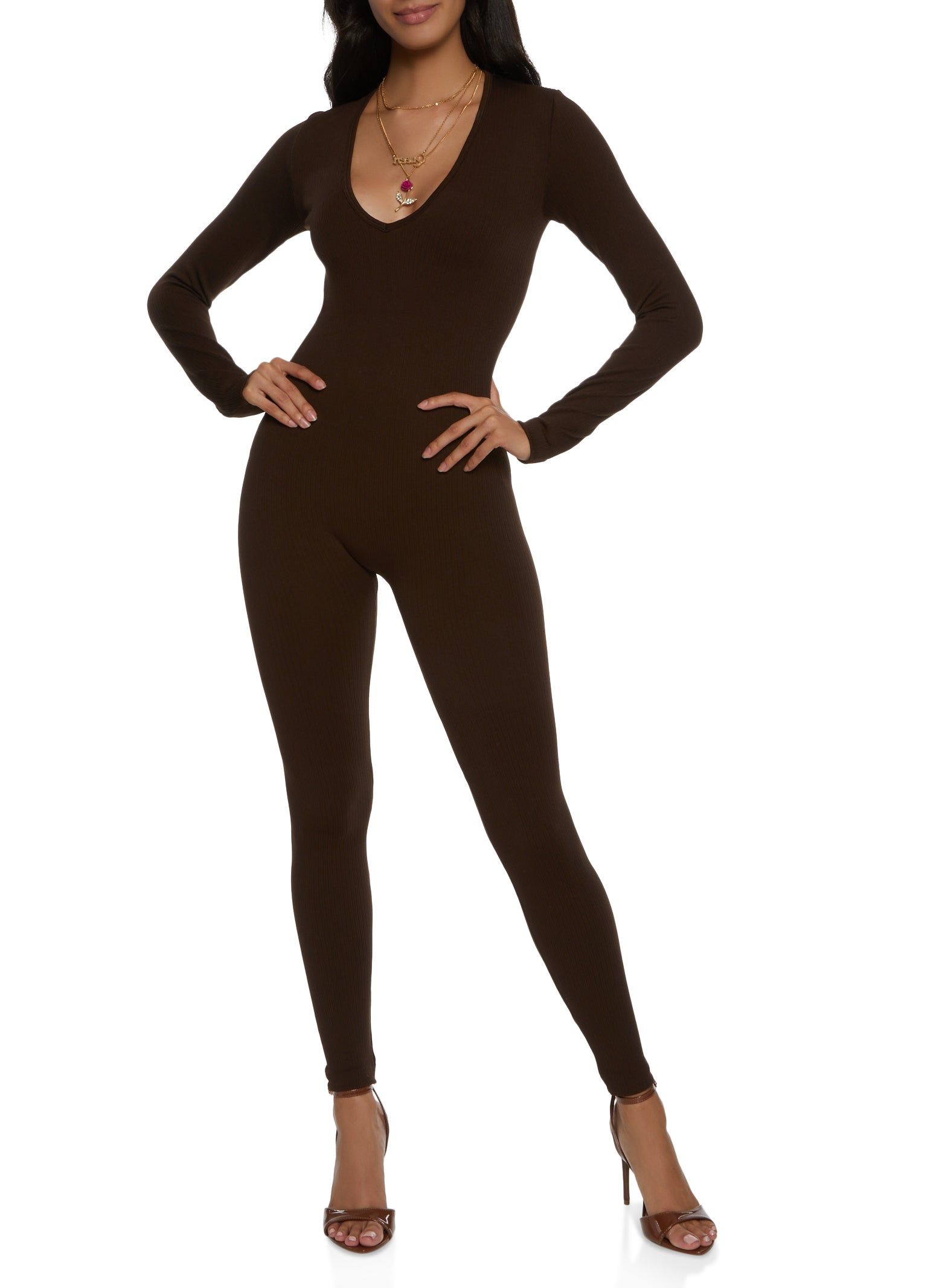 Ribbed Long Sleeve V Neck Jumpsuit sold by Rainbow