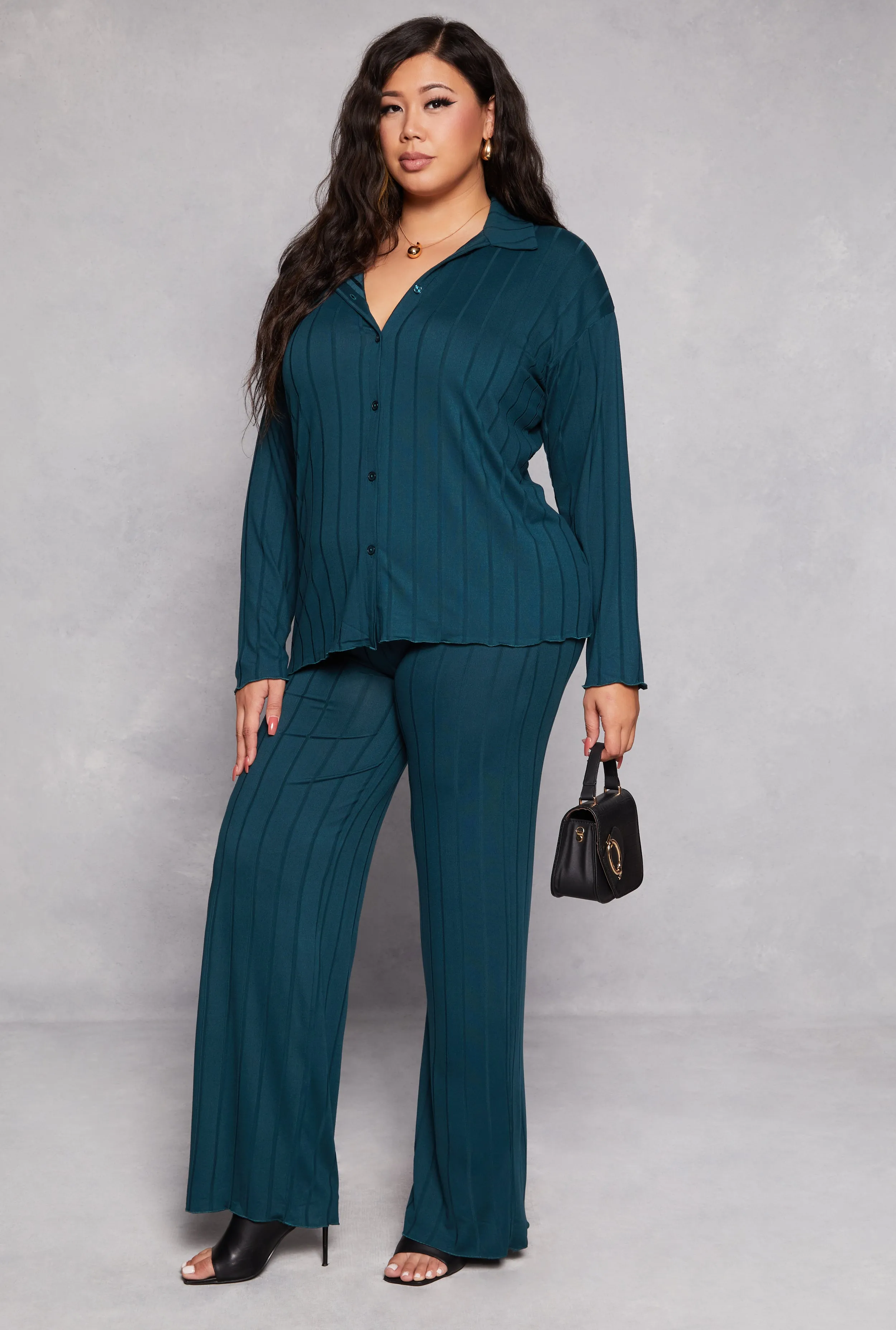 Plus Size Ribbed High Waisted Palazzo Pants sold by Rainbow