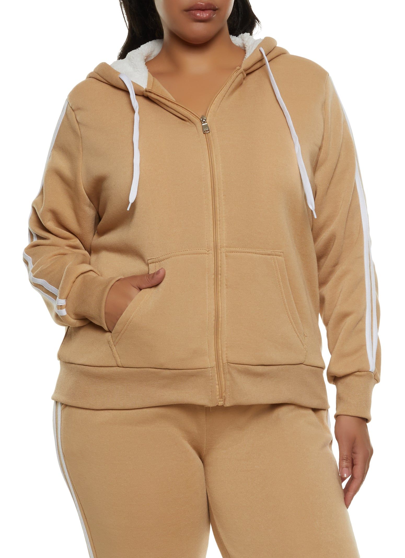 Plus Size Sherpa Lined Varsity Striped Sleeve Zip Hoodie sold by Rainbow