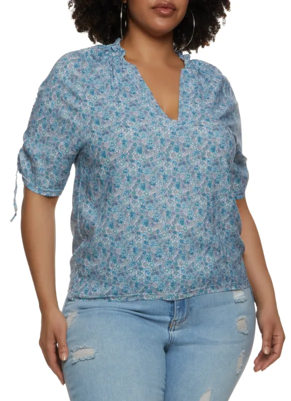 Plus Size Floral Ruched Tie Sleeve Top sold by Rainbow