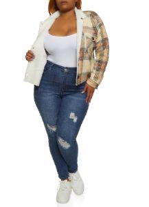 Plus Size Plaid Brushed Knit Sherpa Lined Shacket sold by Rainbow