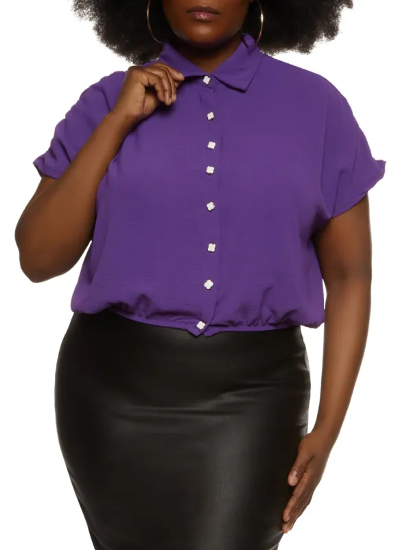 Plus Size Crepe Knit Ruched Sleeve Button Front Shirt sold by Rainbow
