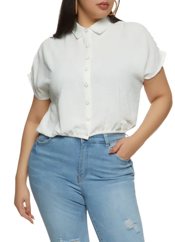 Plus Size Crepe Knit Ruched Sleeve Button Front Shirt sold by Rainbow