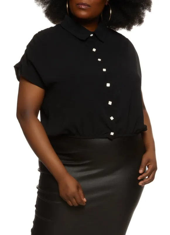 Plus Size Crepe Knit Ruched Sleeve Button Front Shirt sold by Rainbow