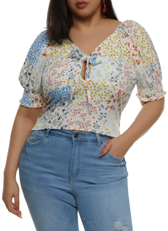Plus Size Floral Print Keyhole Tie Front Blouse sold by Rainbow