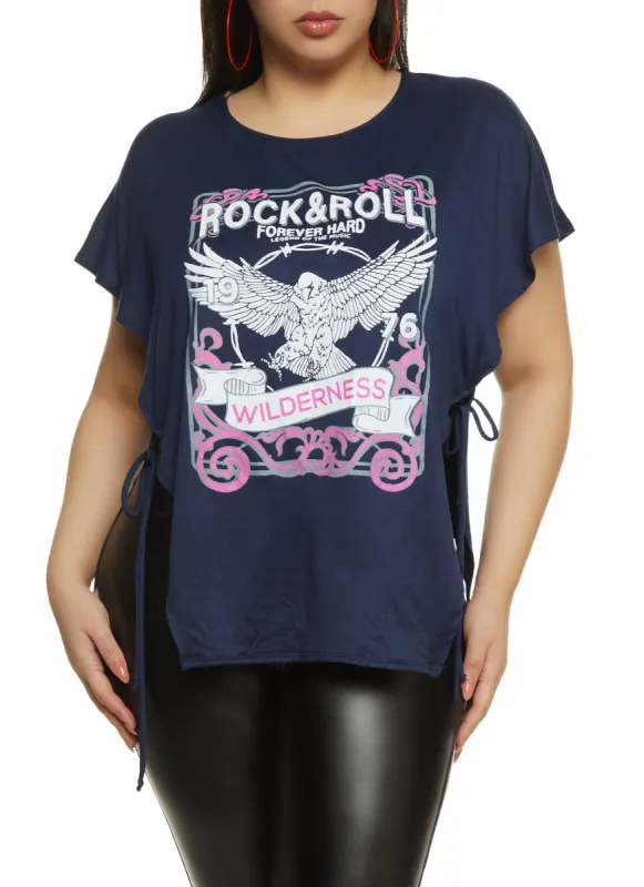Plus Size Tie Side Rock and Roll Graphic Top sold by Rainbow