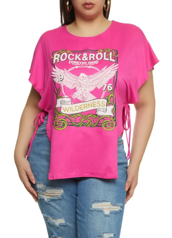 Plus Size Tie Side Rock and Roll Graphic Top sold by Rainbow